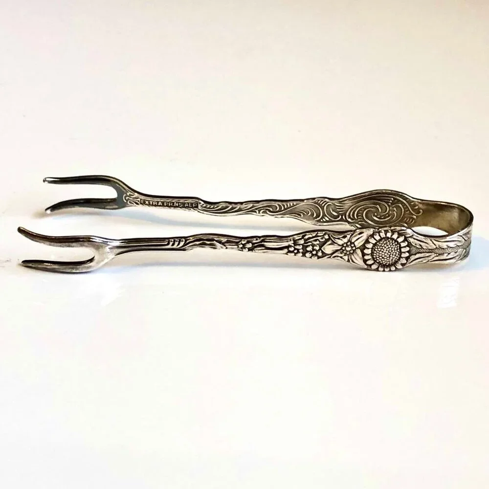 Antique Nils Johan Sweden Silver Plate Petite Forked Sugar Tongs Amsterdam Flora